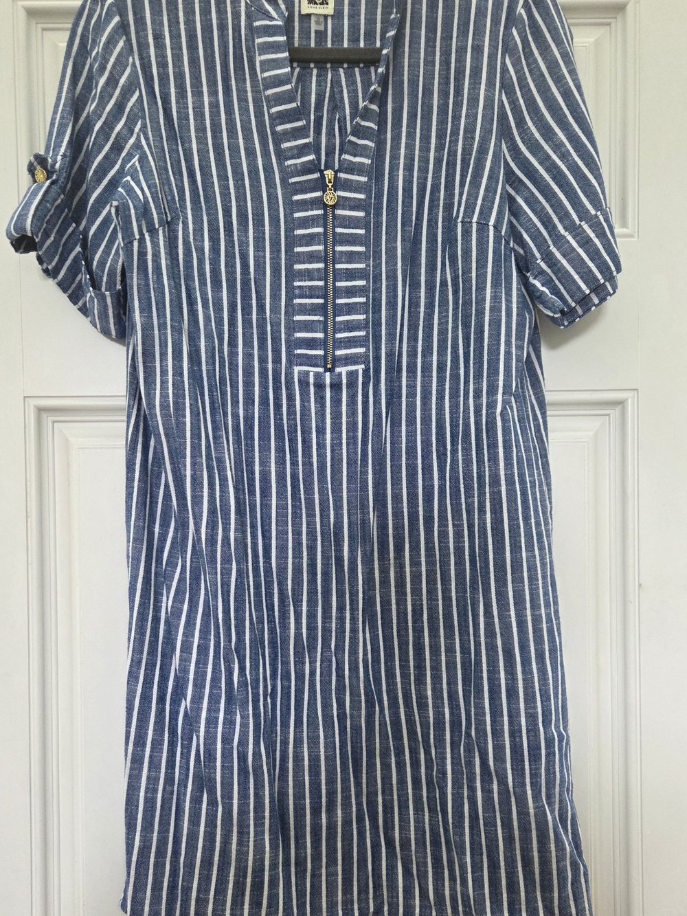 Anne Klein Blue and White Vertical Stripe Short-Sleeve Tunic Dress